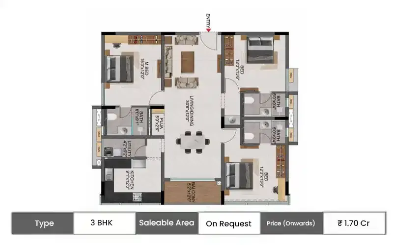 Casagrand Evon 3 BHK floor plan, sq ft carpet area