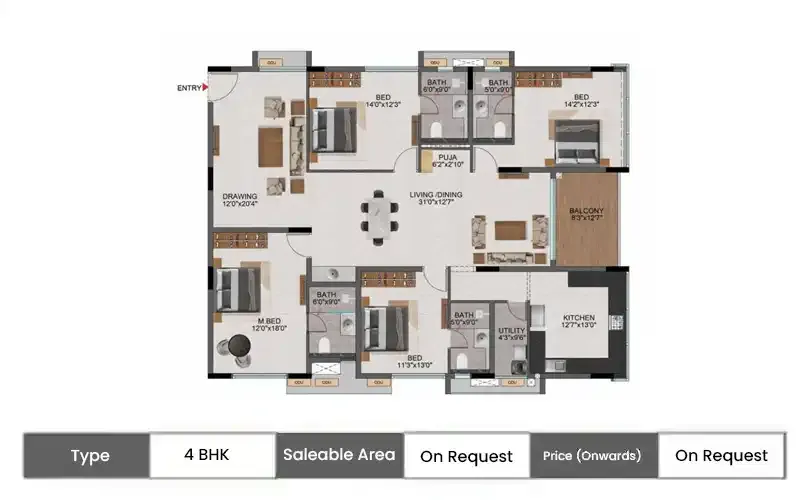 Casagrand Evon 4 BHK floor plan, sq ft carpet area